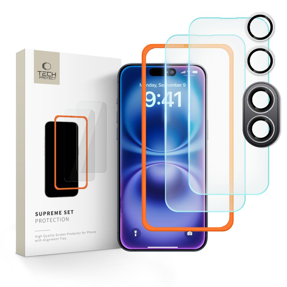 Apsauginis stiklas Tech-Protect Supreme Set iPhone 16, skaidrus, 3 vnt.