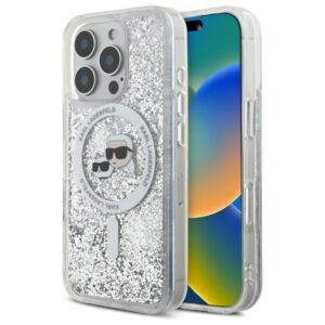 Karl Lagerfeld skysti blizgučiai Karl & Choupette Head Magsafe iPhone 16 Pro Case – skaidrus
