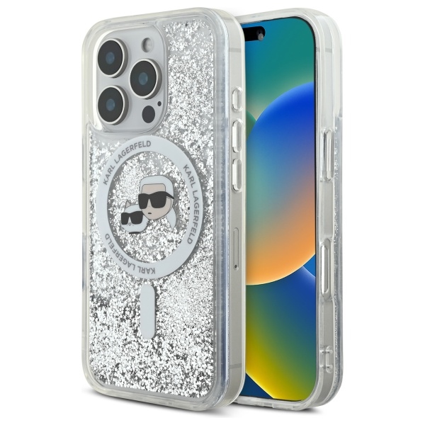 Karl Lagerfeld skysti blizgučiai Karl & Choupette Head Magsafe iPhone 16 Pro Case – skaidrus