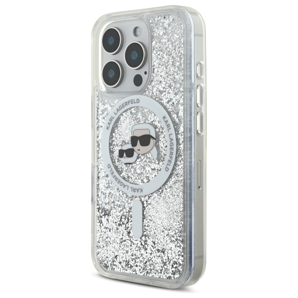 Karl Lagerfeld skysti blizgučiai Karl & Choupette Head Magsafe iPhone 16 Pro Case – skaidrus