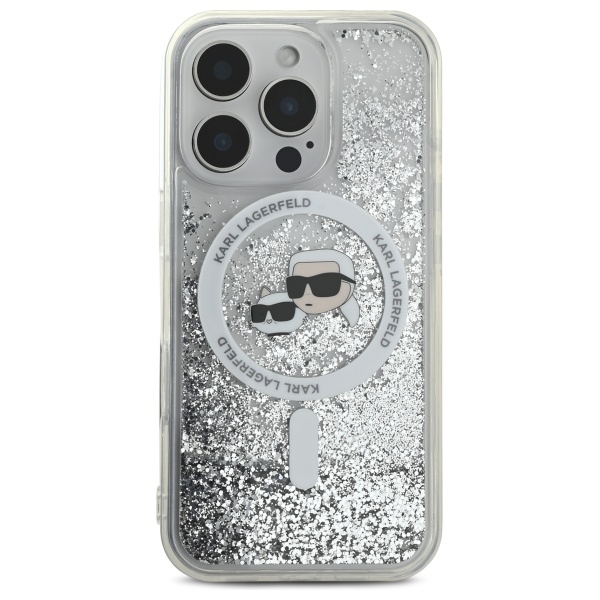 Karl Lagerfeld skysti blizgučiai Karl & Choupette Head Magsafe iPhone 16 Pro Case – skaidrus