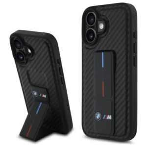 BMW M Grip Stand Smooth & Carbon dėklas iPhone 16 – juodas