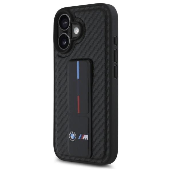 BMW M Grip Stand Smooth & Carbon dėklas iPhone 16 – juodas