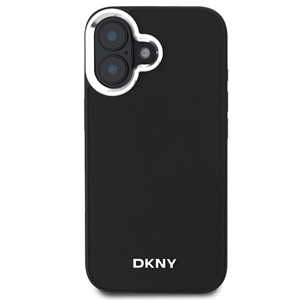 DKNY MagSafe dėklas iPhone 16 – juodas, sidabrinis logotipas
