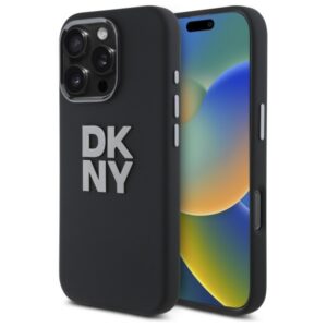 DKNY Liquid Silicone Metal Logo dėklas iPhone 16 Pro – juodas