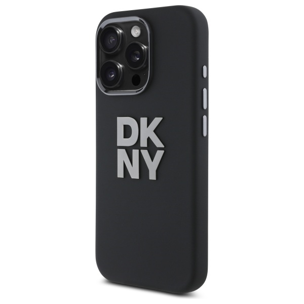 DKNY Liquid Silicone Metal Logo dėklas iPhone 16 Pro – juodas