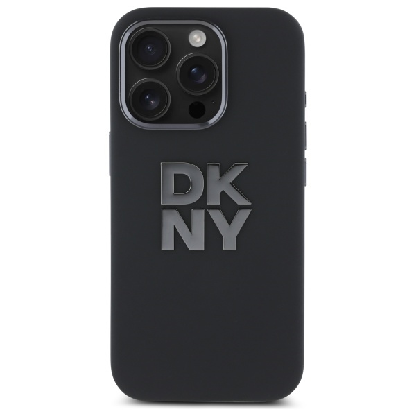 DKNY Liquid Silicone Metal Logo dėklas iPhone 16 Pro – juodas