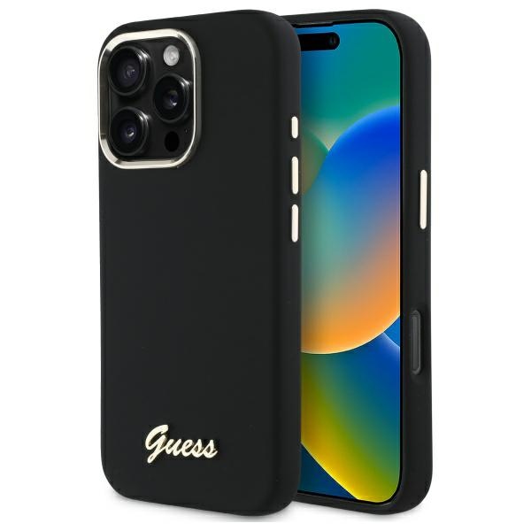 Guess Silicone Script dėklas iPhone 16 Pro – juodas