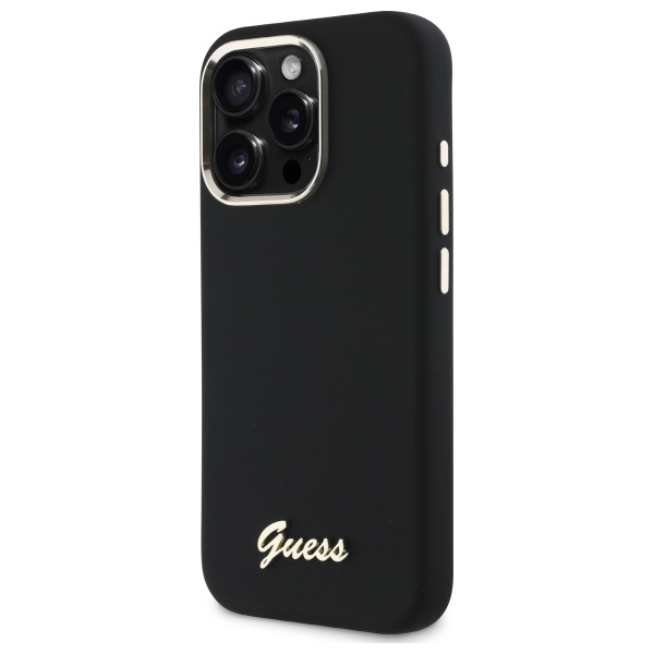 Guess Silicone Script dėklas iPhone 16 Pro – juodas