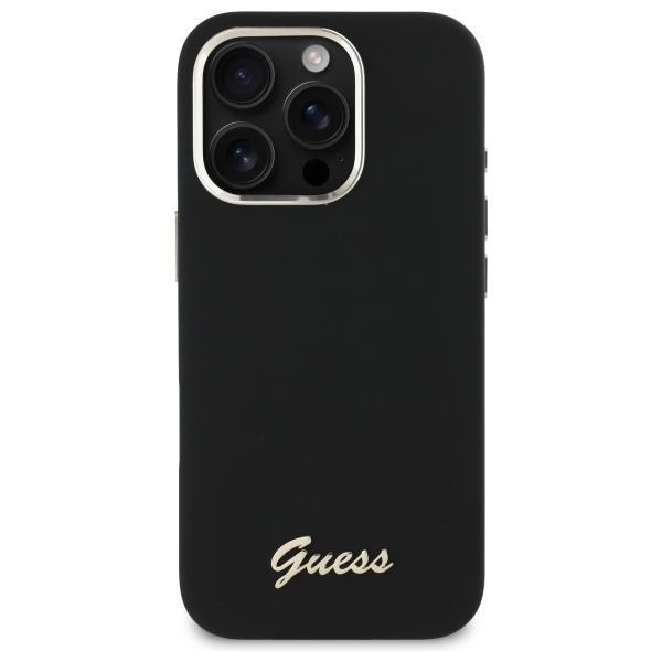 Guess Silicone Script dėklas iPhone 16 Pro – juodas