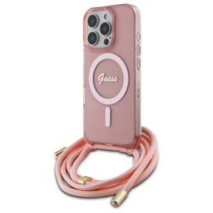 Guess MagSafe dėklas su dirželiu iPhone 16 Pro – rožinis