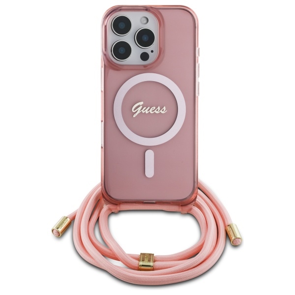 Guess MagSafe dėklas su dirželiu iPhone 16 Pro – rožinis
