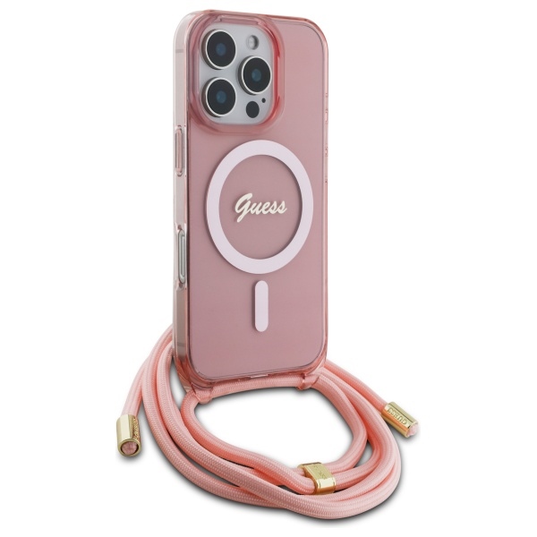 Guess MagSafe dėklas su dirželiu iPhone 16 Pro – rožinis