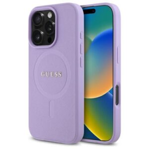 Guess Saffiano MagSafe dėklas iPhone 16 Pro – violetinis