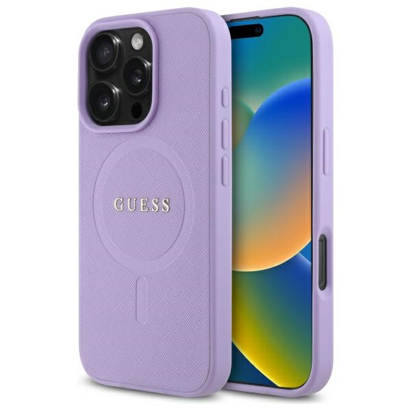 Guess Saffiano MagSafe dėklas iPhone 16 Pro – violetinis