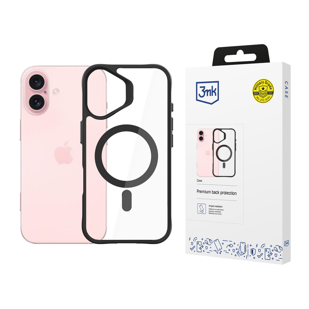 3mk Satin Armor MagCase su MagSafe, skirtas iPhone 16 Plus – skaidrus su juodu rėmeliu
