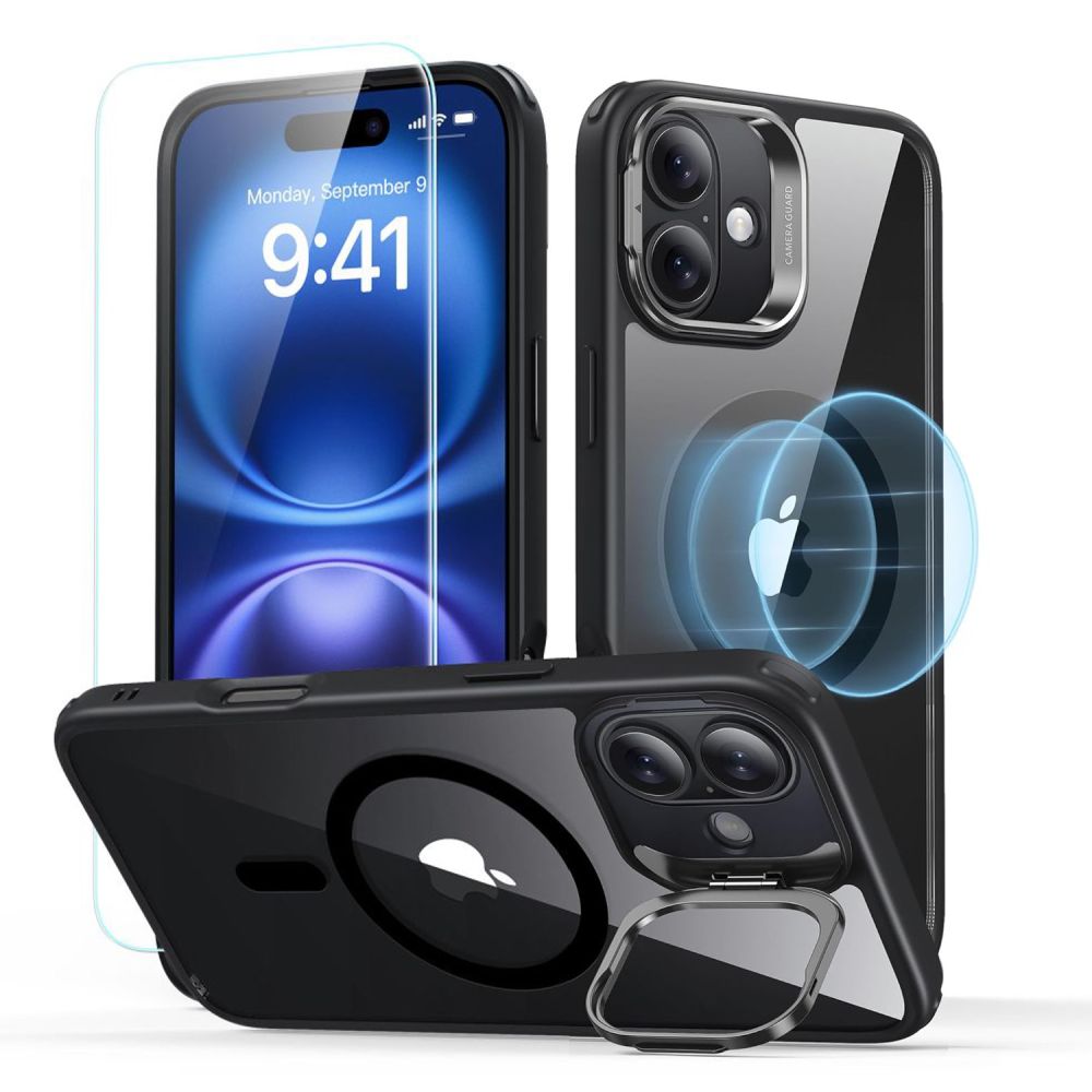 Dėklas ESR Classic Hybrid Kickstand HaloLock MagSafe + apsauginis stiklas iPhone 16, skaidrus/juodas