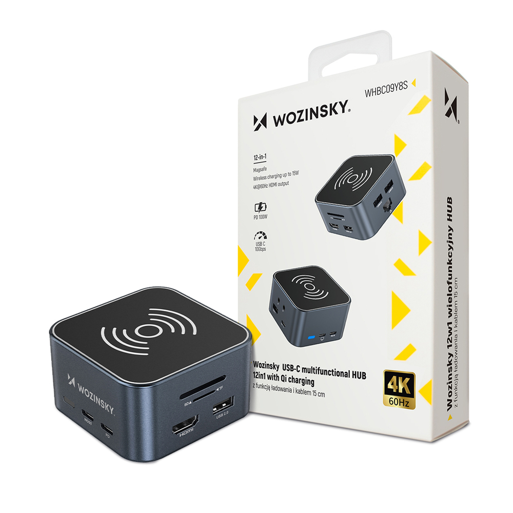USB-C šalunas 12 in 1 Wozinsky WHBC09Y8S multifunkcinis, su belaide įkrovimo funkcija, aliuminis, su 15 cm kabeliu - pilkas