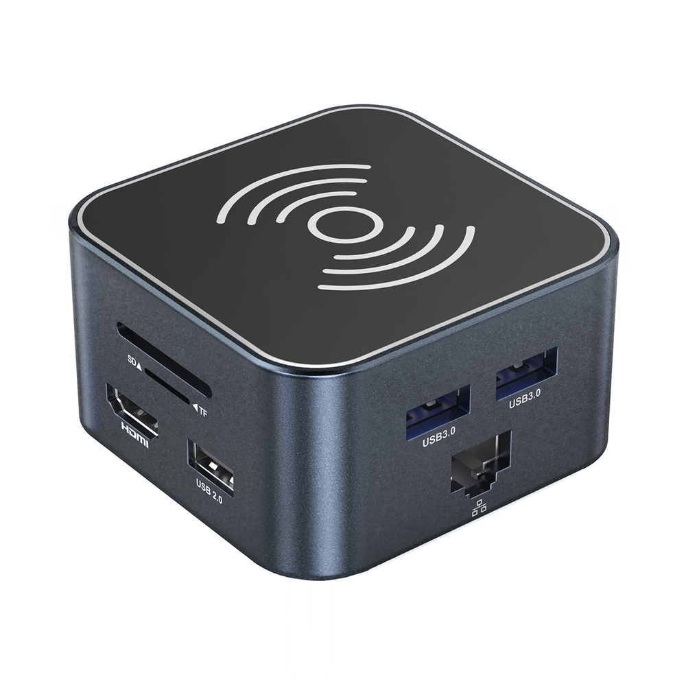USB-C šalunas 12 in 1 Wozinsky WHBC09Y8S multifunkcinis, su belaide įkrovimo funkcija, aliuminis, su 15 cm kabeliu - pilkas