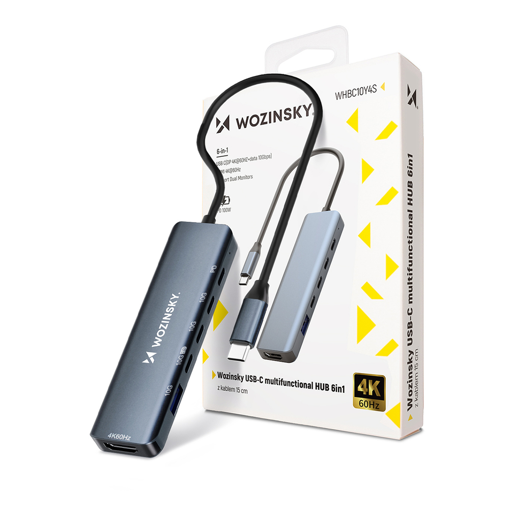 USB-C 6 in 1 Hub Wozinsky WHBC10Y4S daugiafunkcinis, aliuminis, su 25 cm kabeliu - pilkas