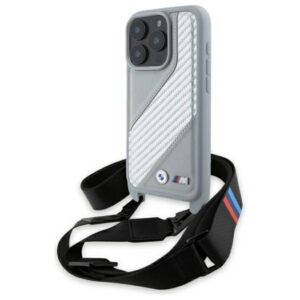 BMW M Carbon Stripe dėklas iPhone 16 Pro su dirželiu – pilkas