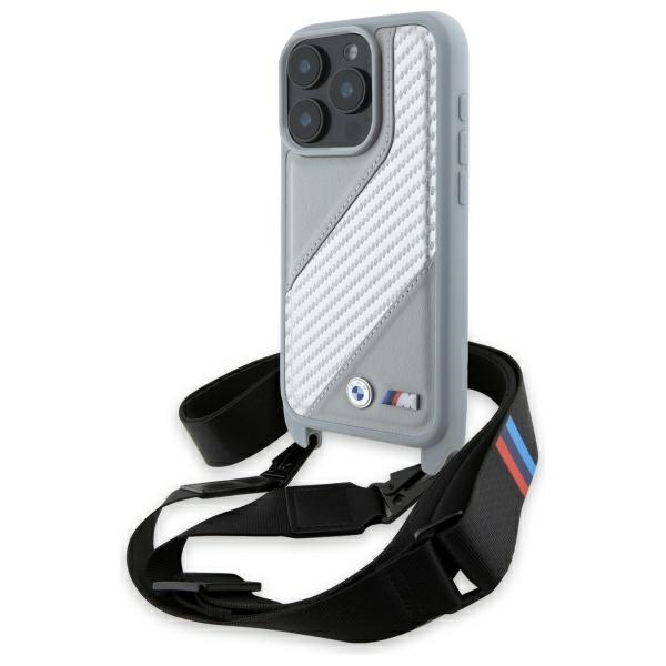 BMW M Carbon Stripe dėklas iPhone 16 Pro su dirželiu – pilkas