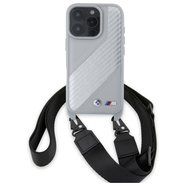 BMW M Carbon Stripe dėklas iPhone 16 Pro su dirželiu – pilkas