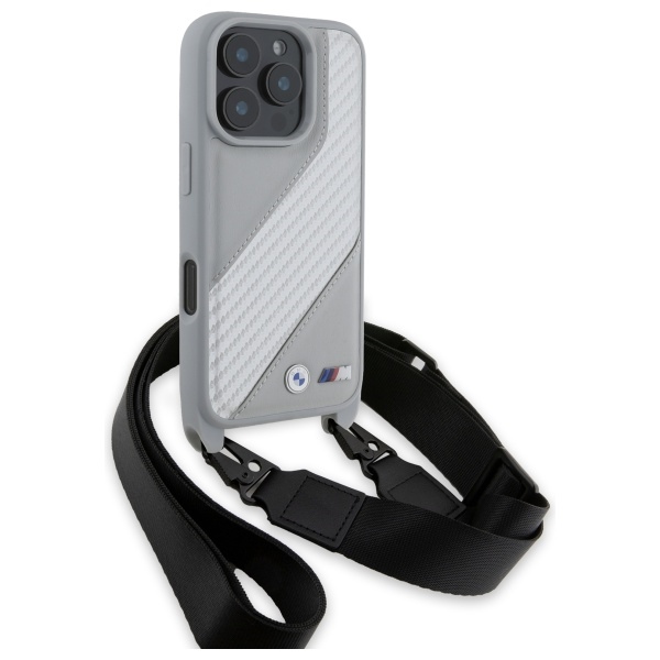 BMW M Carbon Stripe dėklas iPhone 16 Pro su dirželiu – pilkas