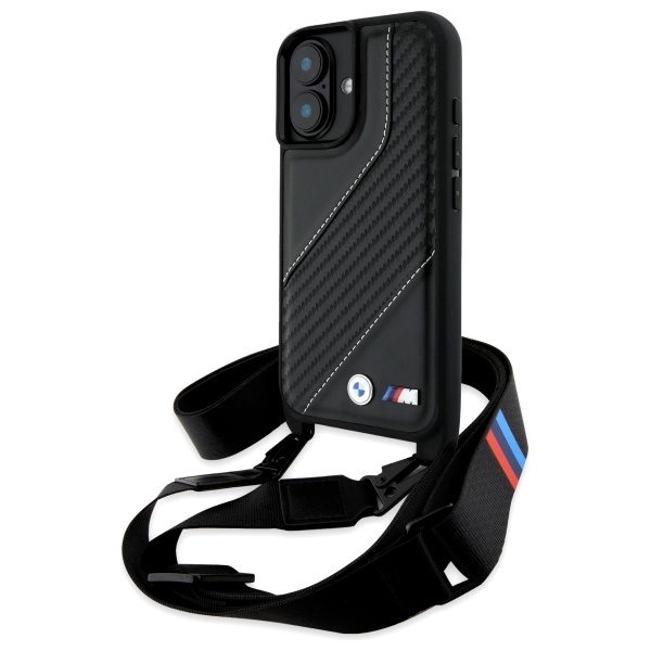 BMW M Edition Carbon Stripe & Strap dėklas iPhone 16 Plus – juodas