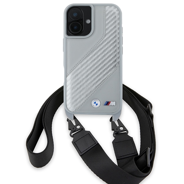 BMW M Edition Carbon Stripe & Strap dėklas iPhone 16 – pilkas