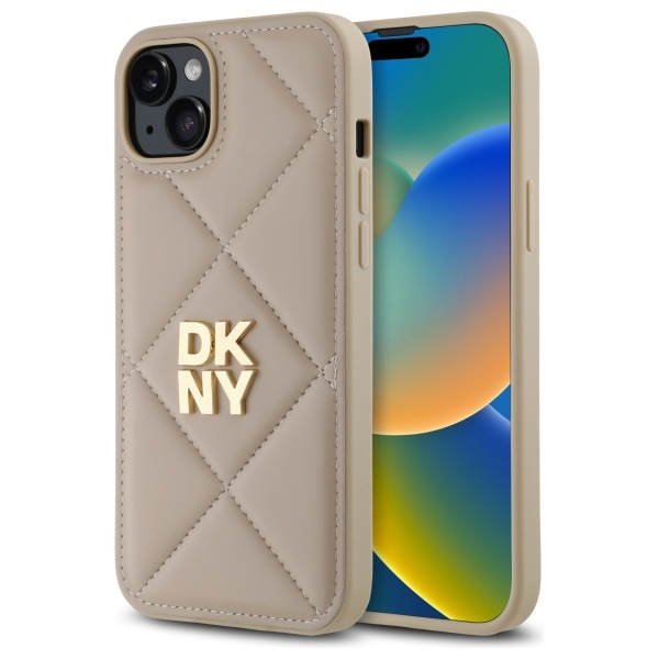 DKNY dygsniuotas dėklas iPhone 15 Plus – smėlio