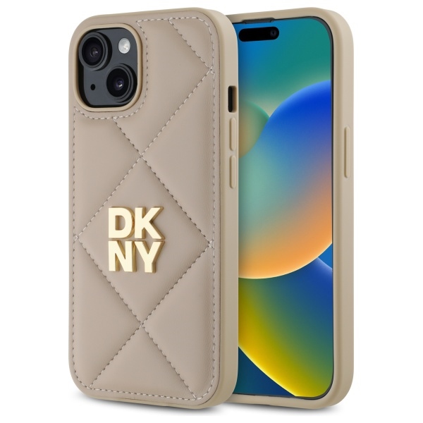 DKNY Quilted Stack Logo dėklas iPhone 15 – smėlinis