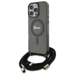Guess MagSafe dėklas iPhone 16 Pro – juodas, su dirželiu