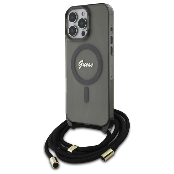 Guess MagSafe dėklas iPhone 16 Pro – juodas, su dirželiu