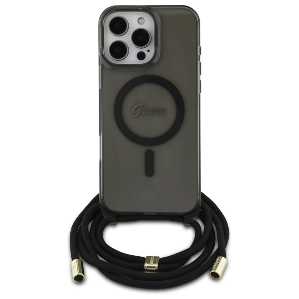 Guess MagSafe dėklas iPhone 16 Pro – juodas, su dirželiu
