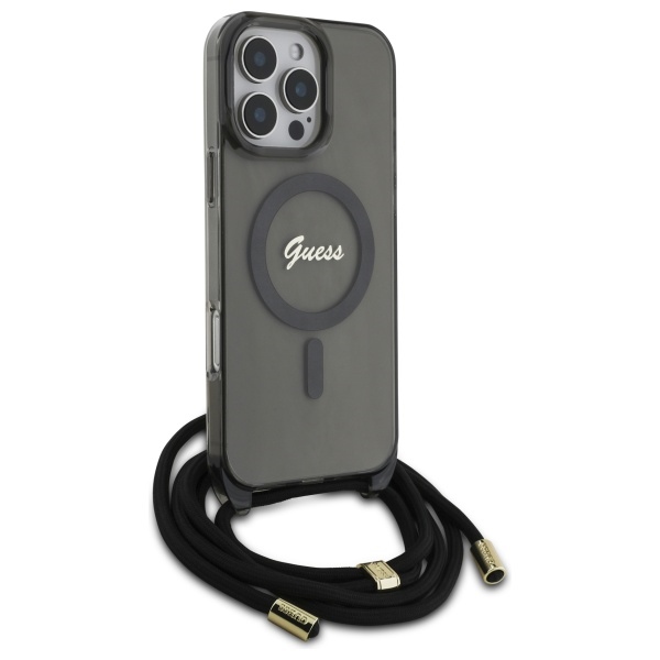 Guess MagSafe dėklas iPhone 16 Pro – juodas, su dirželiu