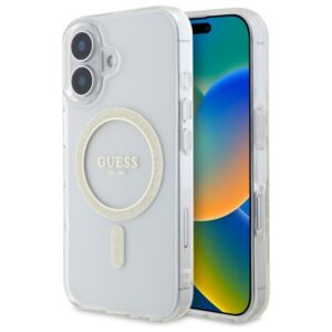Guess MagSafe dėklas iPhone 16 Plus – skaidrus su blizgučiais