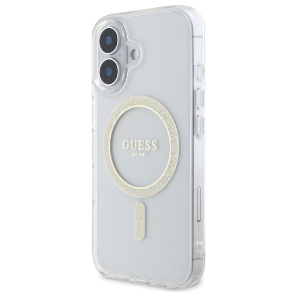 Guess MagSafe dėklas iPhone 16 Plus – skaidrus su blizgučiais