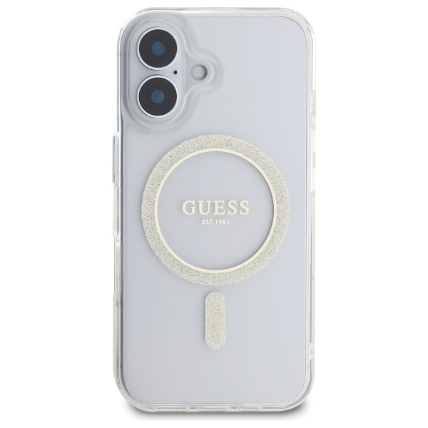 Guess MagSafe dėklas iPhone 16 Plus – skaidrus su blizgučiais