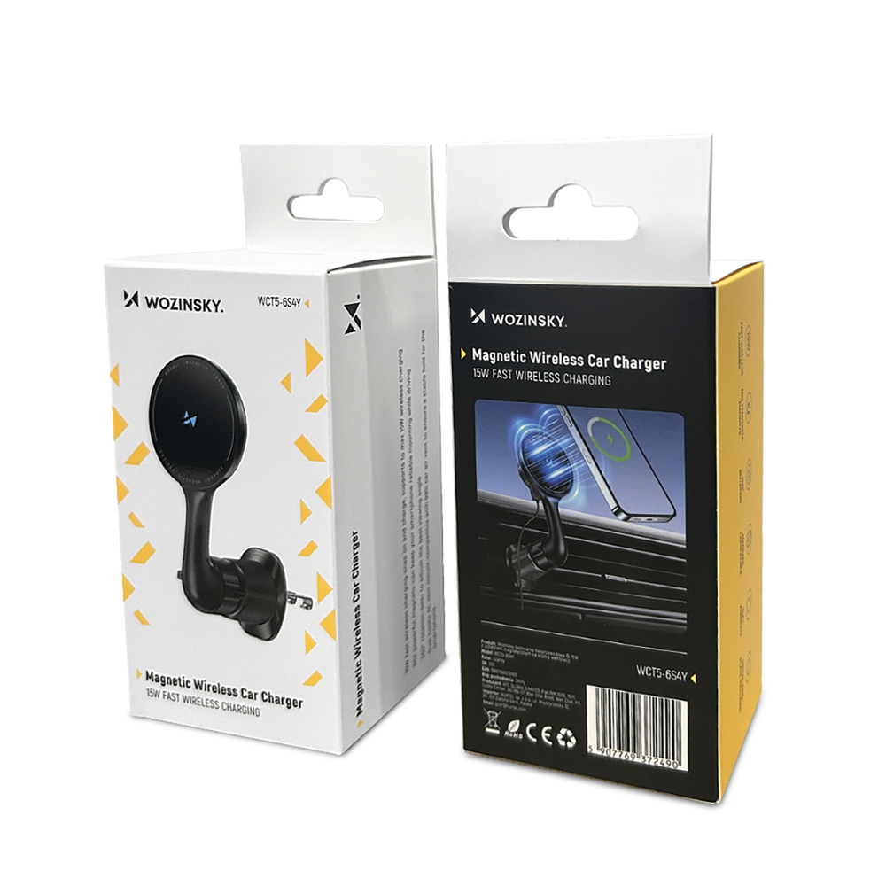 Wozinsky WCT5-6S4Y automobilinis laikiklis oro grotelių tvirtinimui su Qi/MagSafe 15W indukciniu įkrovikliu juodas