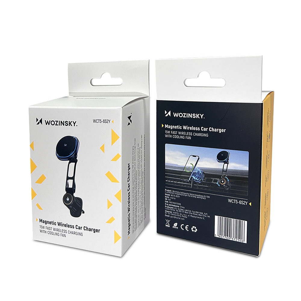 Wozinsky WCT5-6S2Y automobilinis laikiklis su Qi/MagSafe 15W belaidžiu įkrovikliu ir oro grotelių ventiliatoriumi juodas