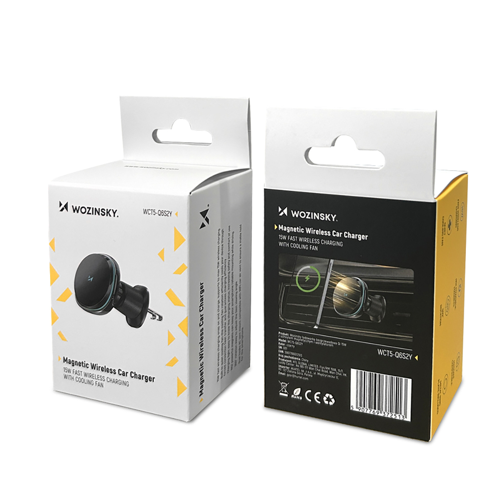 Wozinsky WCT5-Q6S2Y automobilinis laikiklis ventiliacijos grotelėms su Qi/MagSafe 15W indukciniu įkrovikliu ir ventiliatoriumi juodas