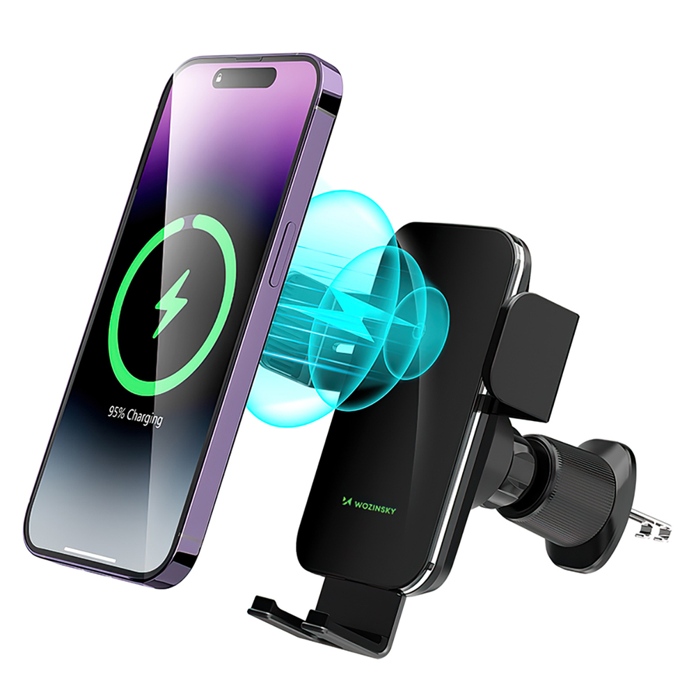 Wozinsky WEDZ-3Y8S spaustukinis automobilinis laikiklis su 15W indukciniu įkrovikliu telefonui ant oro grotelių juodas