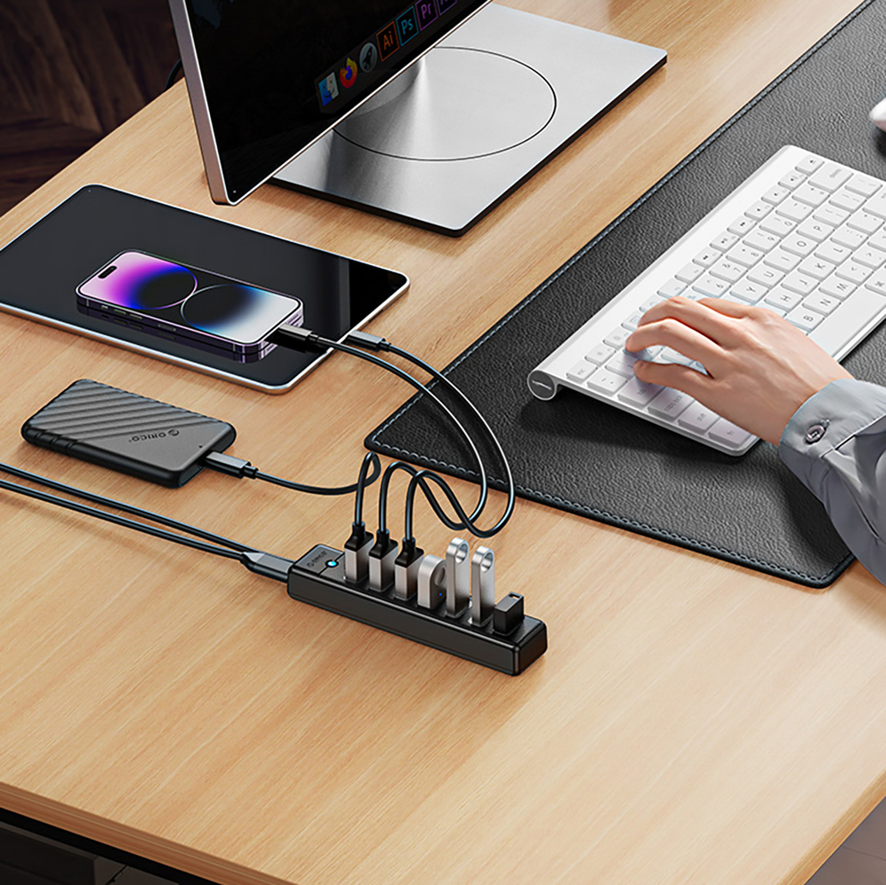 Orico PW7U-U3 sujungimo dėžė 7x USB-A 3.0 + USB-C 5V/3A 1m - juoda
