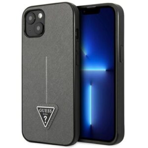 Guess Saffiano Triangle Logo dėklas iPhone 13/14/15 6.1 – sidabrinis