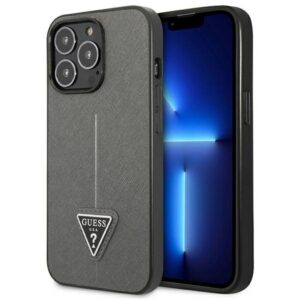 Guess Saffiano Triangle Logo dėklas iPhone 13 Pro Max – sidabrinis