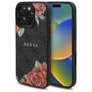Guess MagSafe dėklas iPhone 16 Pro – juodas, gėlės