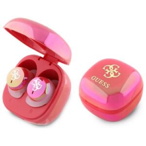 Guess Bluetooth ausinės GUTWSJ144ESF TWS + prijungimo stotelė fuksijos / fuschia Iridescent 4G spausdintas logotipas