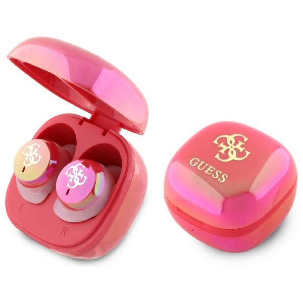 Guess Bluetooth ausinės GUTWSJ144ESF TWS + prijungimo stotelė fuksijos / fuschia Iridescent 4G spausdintas logotipas