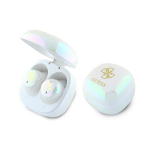 Guess Bluetooth ausinės GUTWSJ144ESH TWS + prijungimo stotelė balta/balta Iridescent 4G spausdintas logotipas